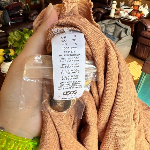 ASOS Design textured button front jumper in camel jumpsuit. - Picture 3 of 16